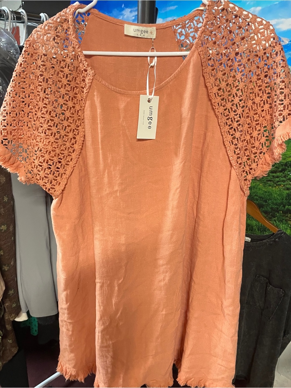 Umgee apricot linen-blend top Crochet Sleeve Women’s Top
